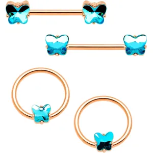 14 Gauge Blue Gem Butterfly Rose Gold Hue BCR Barbell Nipple Ring Set
