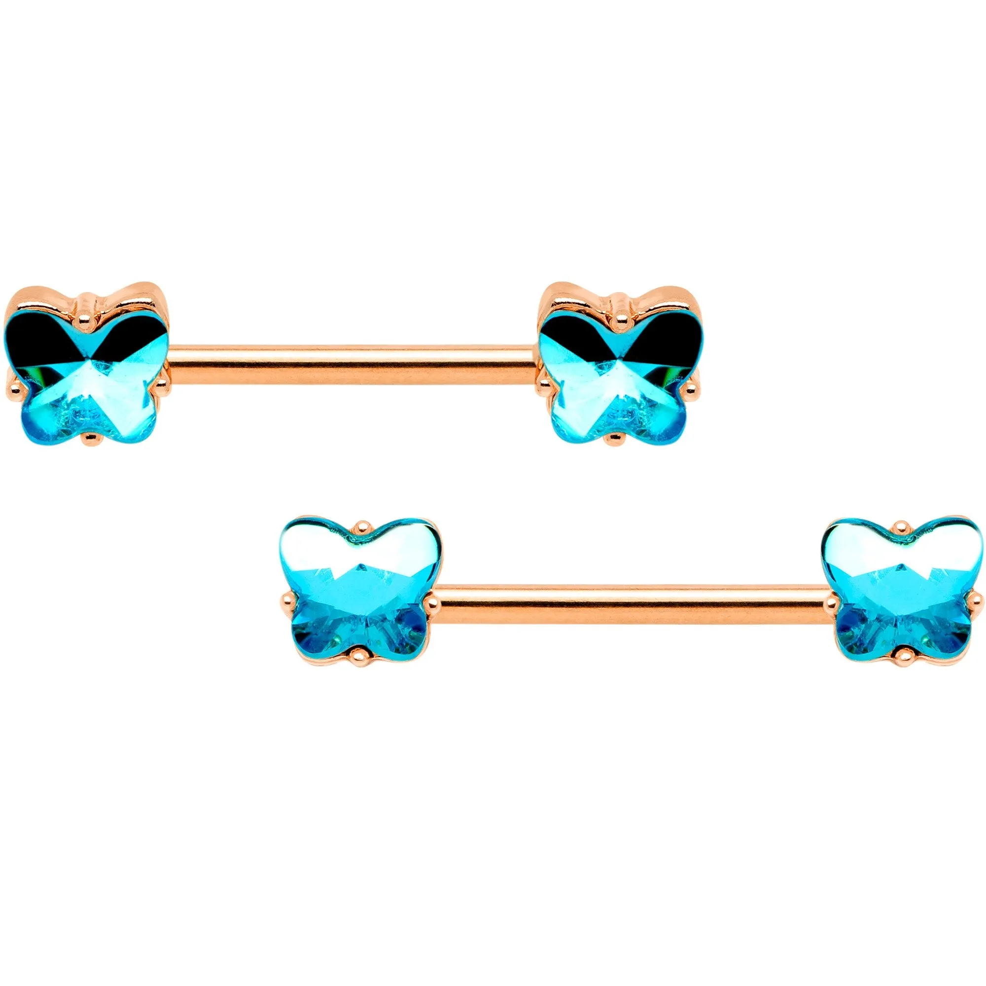 14 Gauge Blue Gem Butterfly Rose Gold Hue BCR Barbell Nipple Ring Set