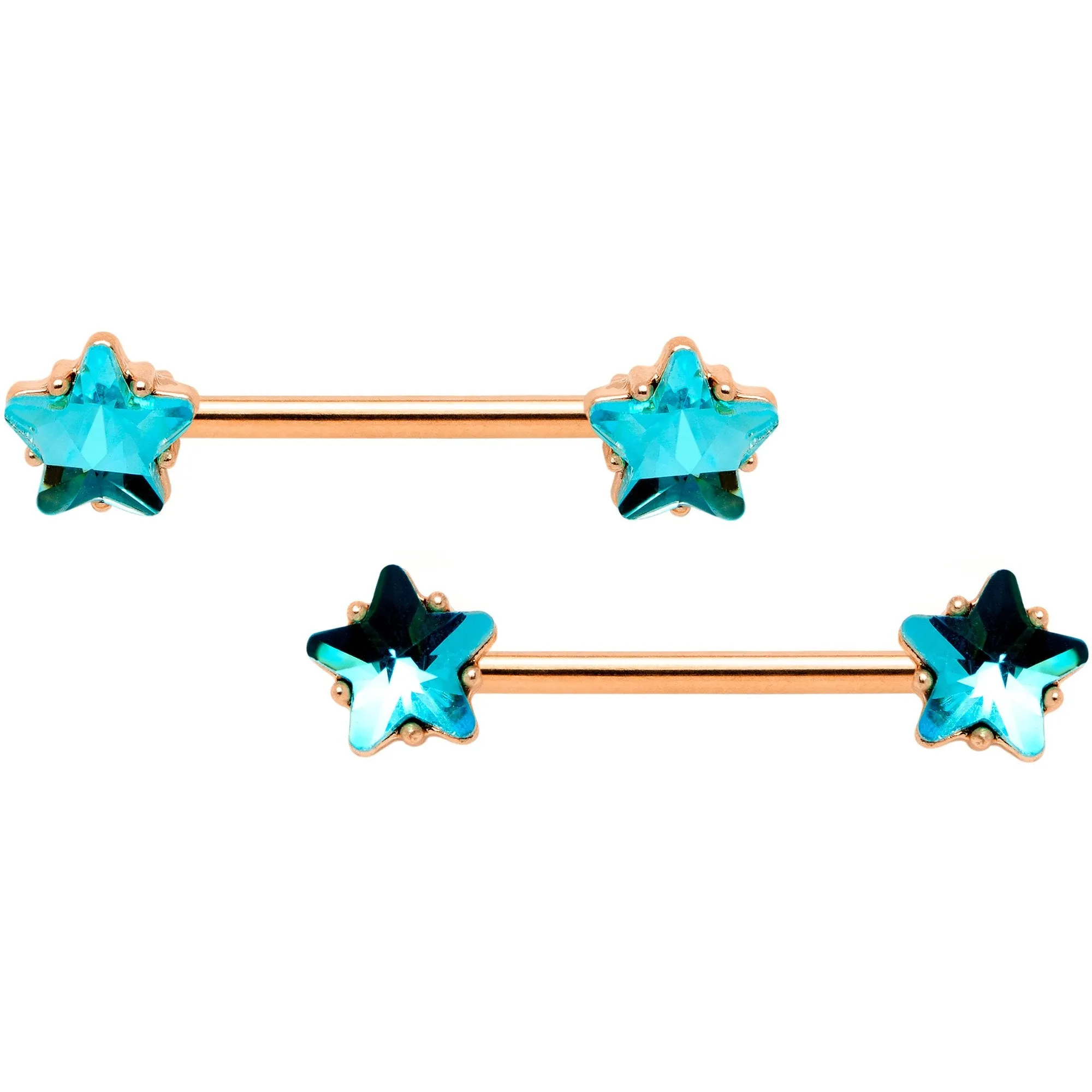 14 Gauge Blue Gem Star Rose Gold Tone BCR Barbell Nipple Ring Set