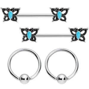 14 Gauge Faux Turquoise Butterfly BCR Barbell Nipple Ring Set of 4