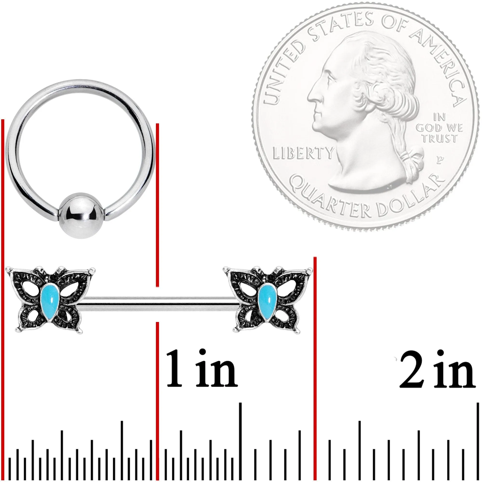 14 Gauge Faux Turquoise Butterfly BCR Barbell Nipple Ring Set of 4