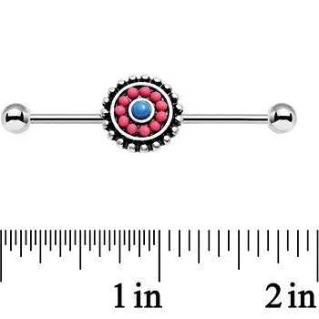 14 Gauge Pink and Blue Floral Mandala Industrial Barbell 38mm