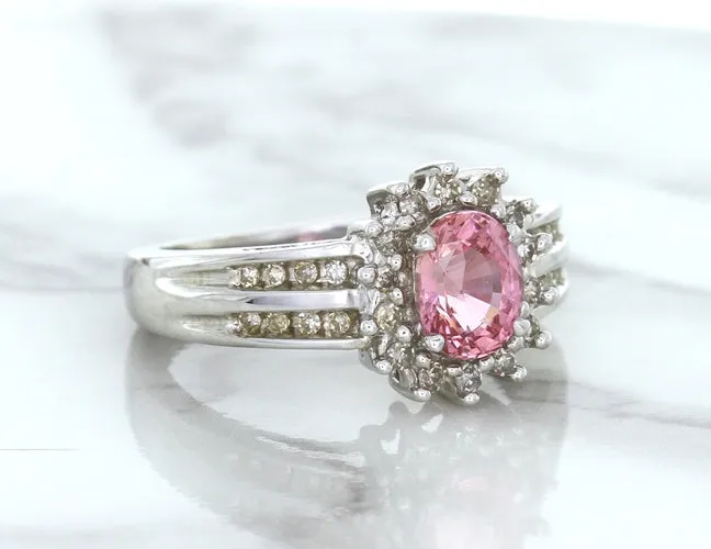 1.40ct Oval Pink Sapphire Ring with Diamond Halo in 14K White Gold