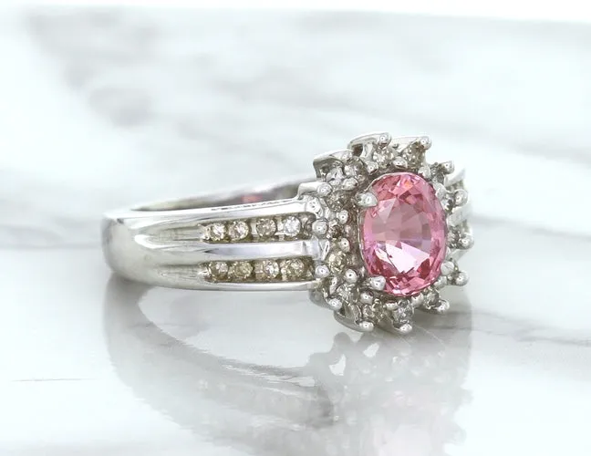 1.40ct Oval Pink Sapphire Ring with Diamond Halo in 14K White Gold