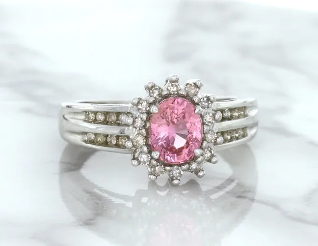 1.40ct Oval Pink Sapphire Ring with Diamond Halo in 14K White Gold