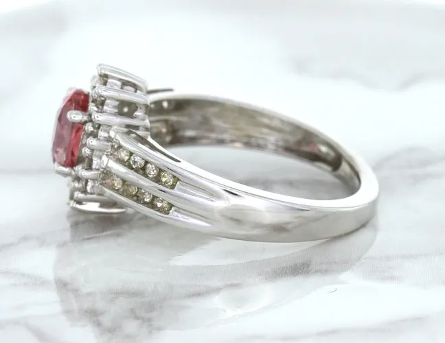 1.40ct Oval Pink Sapphire Ring with Diamond Halo in 14K White Gold