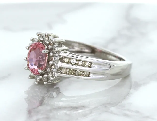 1.40ct Oval Pink Sapphire Ring with Diamond Halo in 14K White Gold