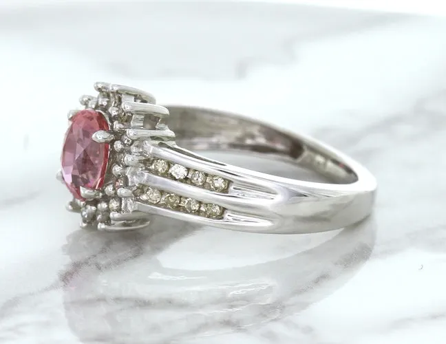 1.40ct Oval Pink Sapphire Ring with Diamond Halo in 14K White Gold