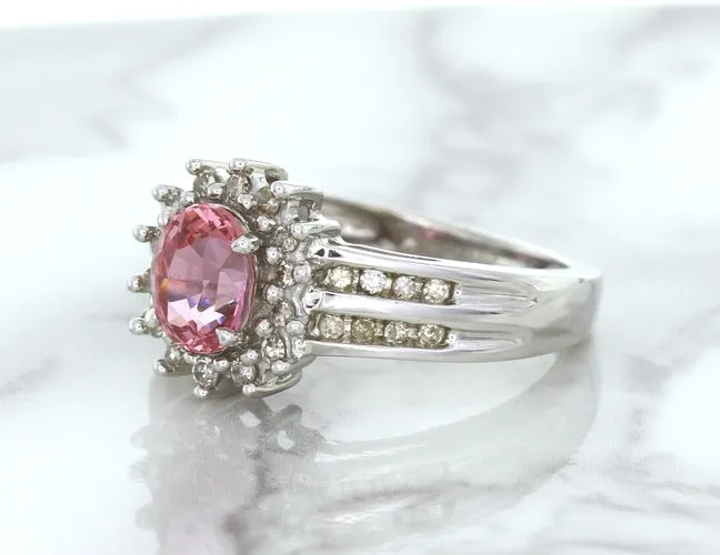 1.40ct Oval Pink Sapphire Ring with Diamond Halo in 14K White Gold