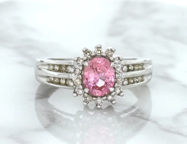 1.40ct Oval Pink Sapphire Ring with Diamond Halo in 14K White Gold