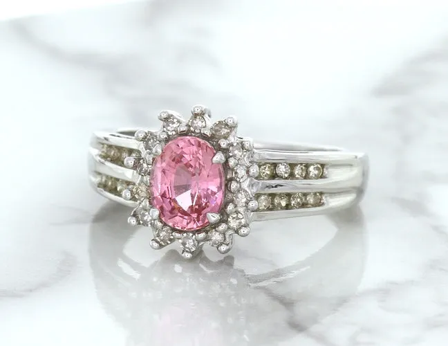 1.40ct Oval Pink Sapphire Ring with Diamond Halo in 14K White Gold