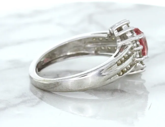 1.40ct Oval Pink Sapphire Ring with Diamond Halo in 14K White Gold