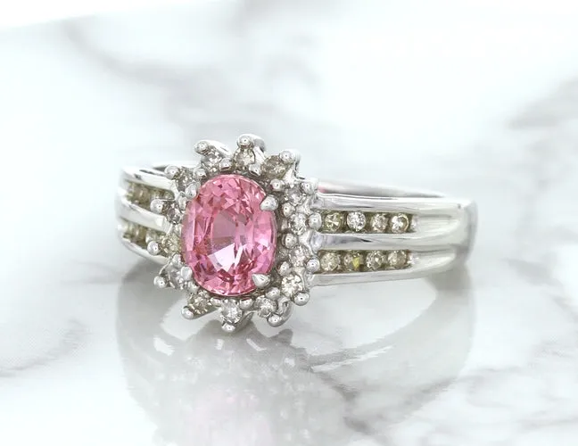 1.40ct Oval Pink Sapphire Ring with Diamond Halo in 14K White Gold