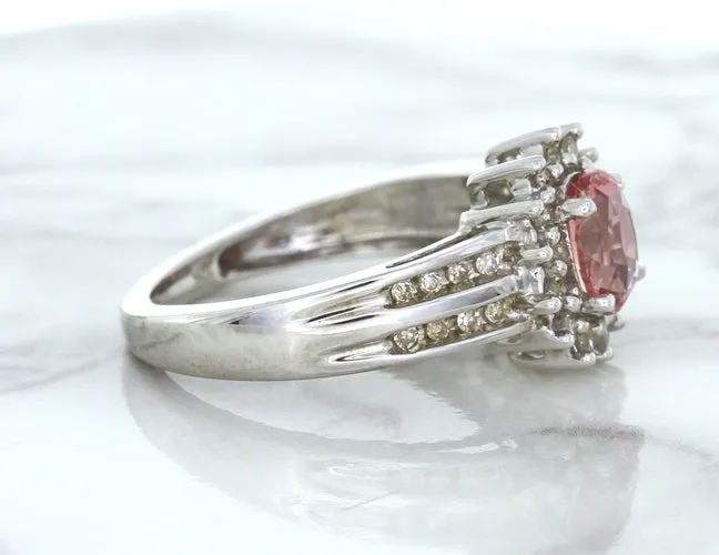 1.40ct Oval Pink Sapphire Ring with Diamond Halo in 14K White Gold