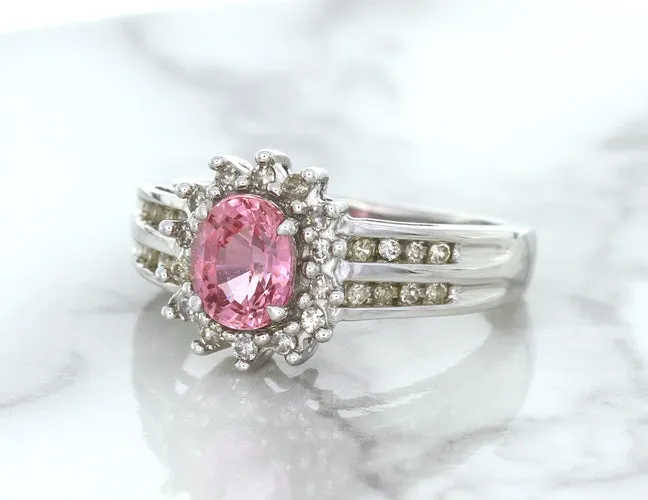 1.40ct Oval Pink Sapphire Ring with Diamond Halo in 14K White Gold