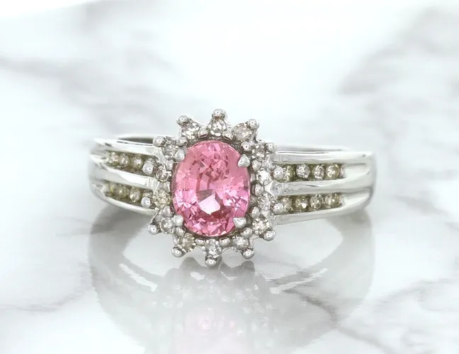 1.40ct Oval Pink Sapphire Ring with Diamond Halo in 14K White Gold