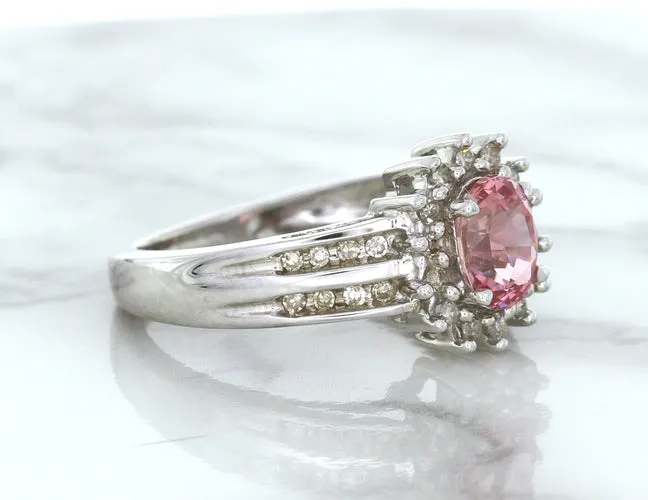 1.40ct Oval Pink Sapphire Ring with Diamond Halo in 14K White Gold
