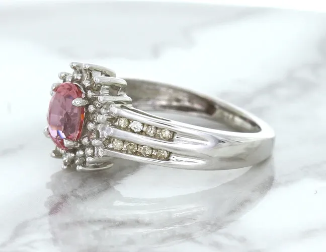 1.40ct Oval Pink Sapphire Ring with Diamond Halo in 14K White Gold