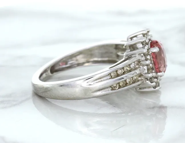 1.40ct Oval Pink Sapphire Ring with Diamond Halo in 14K White Gold