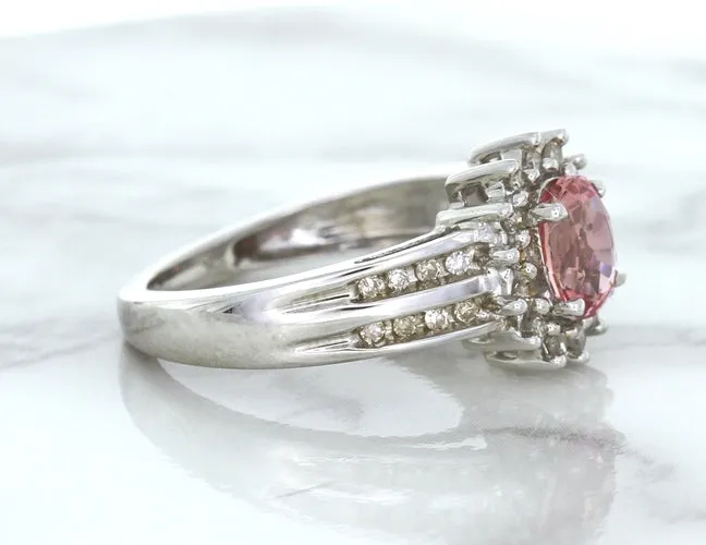 1.40ct Oval Pink Sapphire Ring with Diamond Halo in 14K White Gold