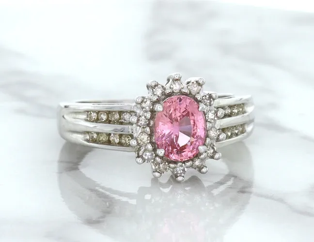 1.40ct Oval Pink Sapphire Ring with Diamond Halo in 14K White Gold