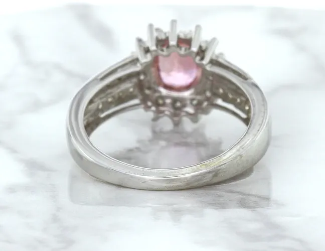 1.40ct Oval Pink Sapphire Ring with Diamond Halo in 14K White Gold