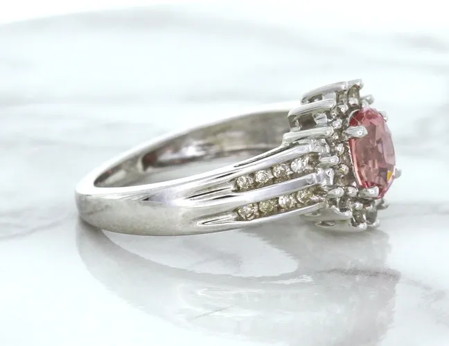 1.40ct Oval Pink Sapphire Ring with Diamond Halo in 14K White Gold