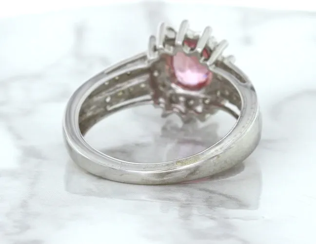 1.40ct Oval Pink Sapphire Ring with Diamond Halo in 14K White Gold
