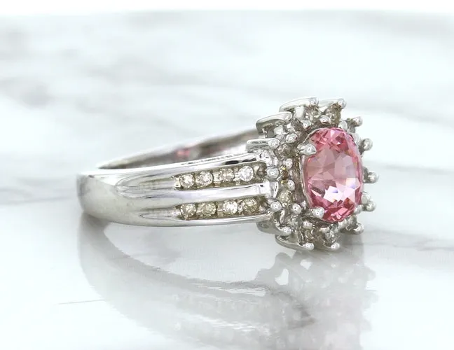 1.40ct Oval Pink Sapphire Ring with Diamond Halo in 14K White Gold