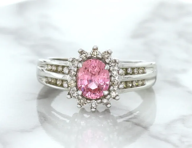 1.40ct Oval Pink Sapphire Ring with Diamond Halo in 14K White Gold