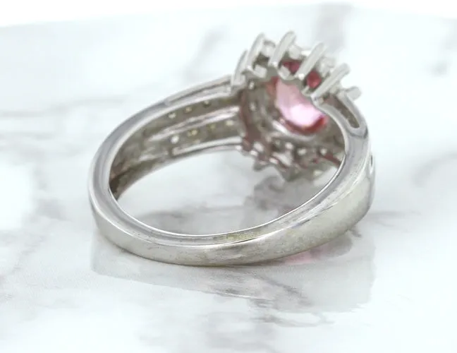 1.40ct Oval Pink Sapphire Ring with Diamond Halo in 14K White Gold