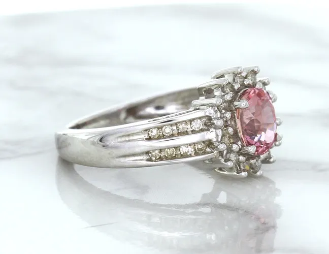 1.40ct Oval Pink Sapphire Ring with Diamond Halo in 14K White Gold