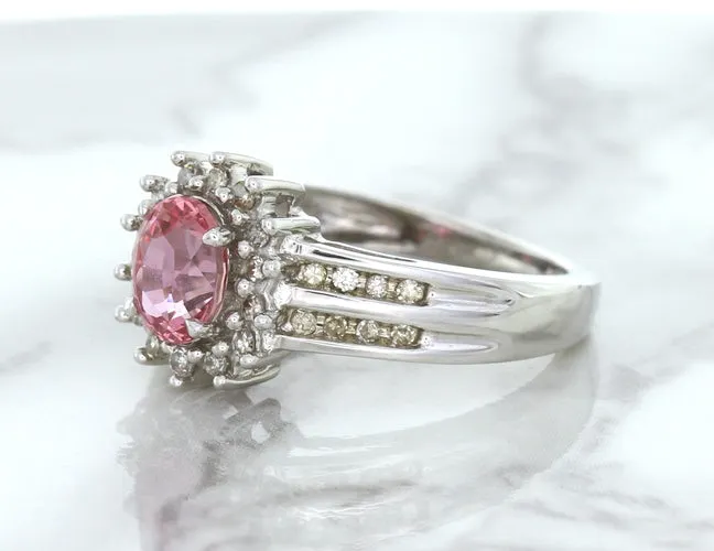 1.40ct Oval Pink Sapphire Ring with Diamond Halo in 14K White Gold