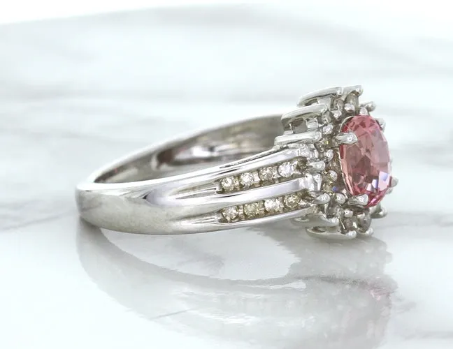 1.40ct Oval Pink Sapphire Ring with Diamond Halo in 14K White Gold