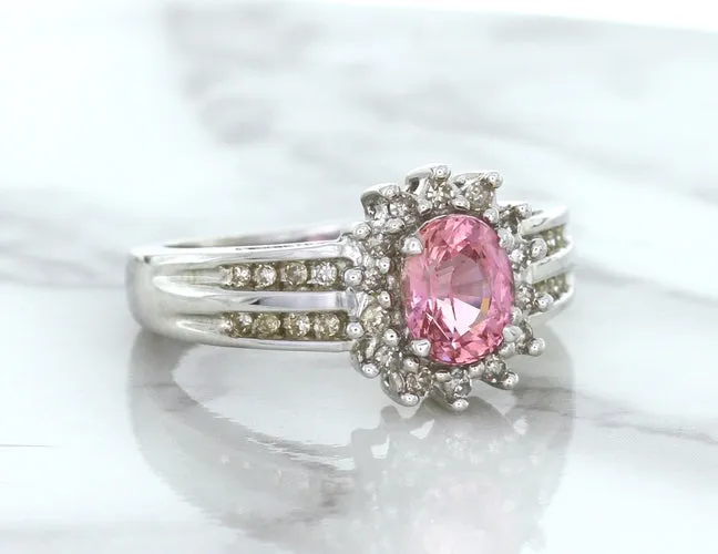 1.40ct Oval Pink Sapphire Ring with Diamond Halo in 14K White Gold