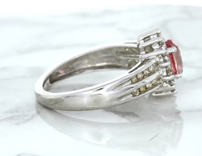 1.40ct Oval Pink Sapphire Ring with Diamond Halo in 14K White Gold