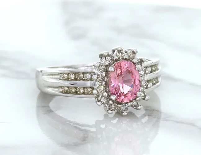 1.40ct Oval Pink Sapphire Ring with Diamond Halo in 14K White Gold