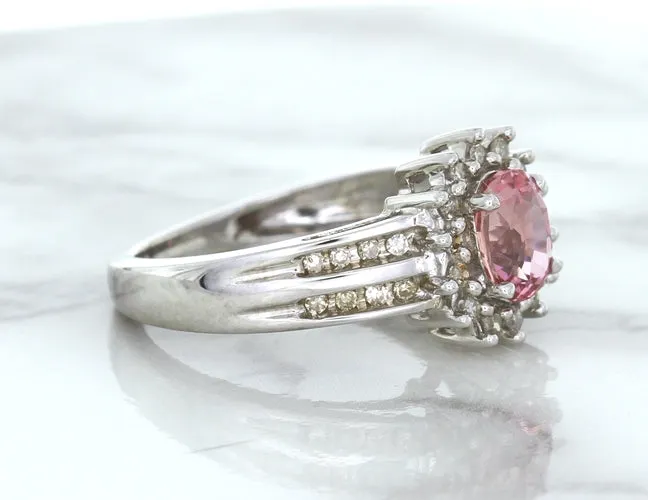 1.40ct Oval Pink Sapphire Ring with Diamond Halo in 14K White Gold