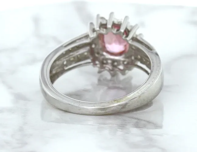 1.40ct Oval Pink Sapphire Ring with Diamond Halo in 14K White Gold