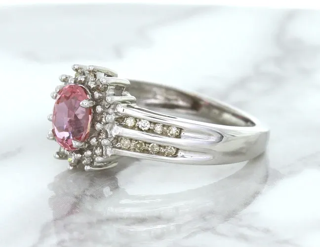 1.40ct Oval Pink Sapphire Ring with Diamond Halo in 14K White Gold