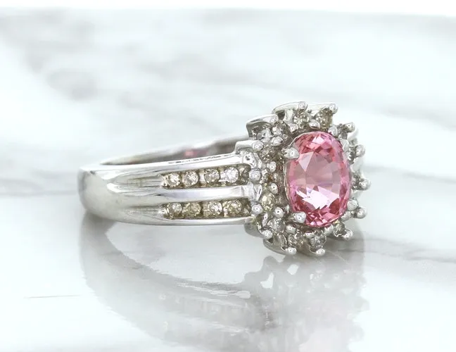 1.40ct Oval Pink Sapphire Ring with Diamond Halo in 14K White Gold