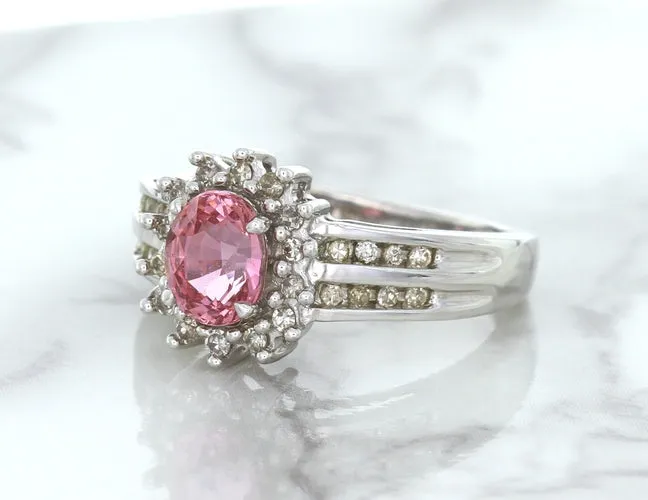 1.40ct Oval Pink Sapphire Ring with Diamond Halo in 14K White Gold