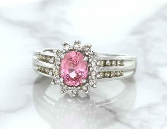 1.40ct Oval Pink Sapphire Ring with Diamond Halo in 14K White Gold