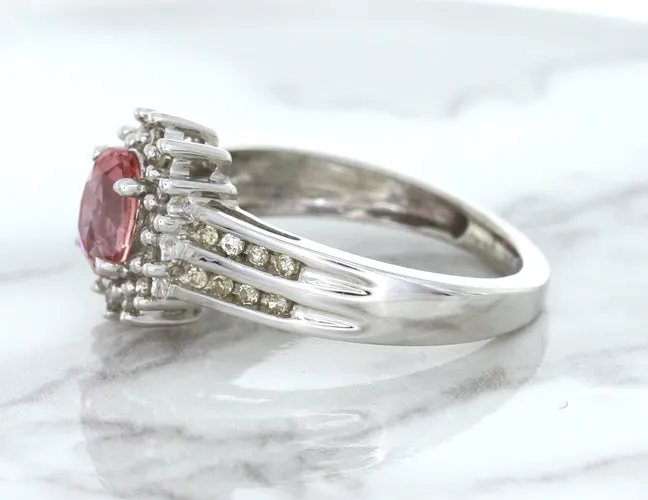 1.40ct Oval Pink Sapphire Ring with Diamond Halo in 14K White Gold