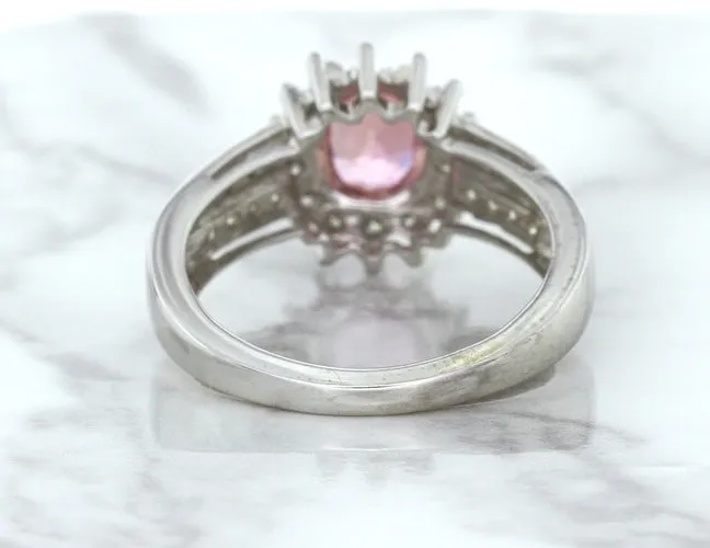 1.40ct Oval Pink Sapphire Ring with Diamond Halo in 14K White Gold