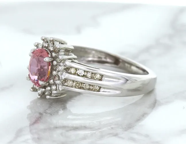 1.40ct Oval Pink Sapphire Ring with Diamond Halo in 14K White Gold