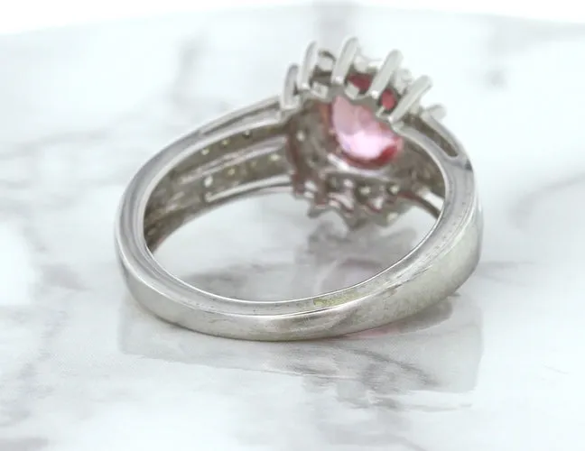 1.40ct Oval Pink Sapphire Ring with Diamond Halo in 14K White Gold