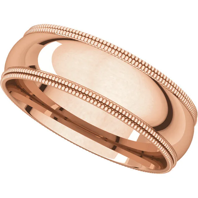 14k Rose Gold 6mm Double Milgrain Comfort Fit Band, Size 7