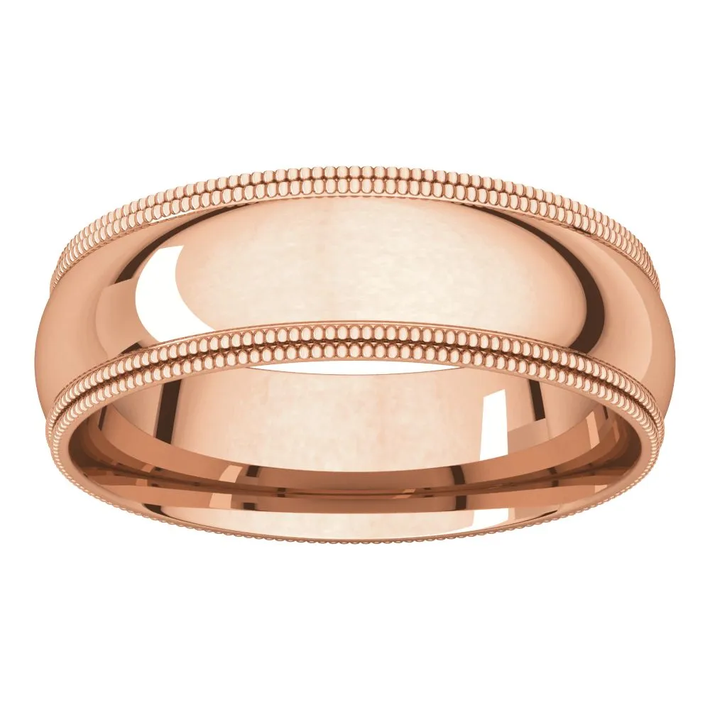 14k Rose Gold 6mm Double Milgrain Comfort Fit Band, Size 7