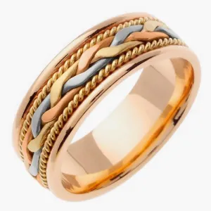 14K Rose/Tricolor or Rose/White Gold Hand Braided Cord Ring